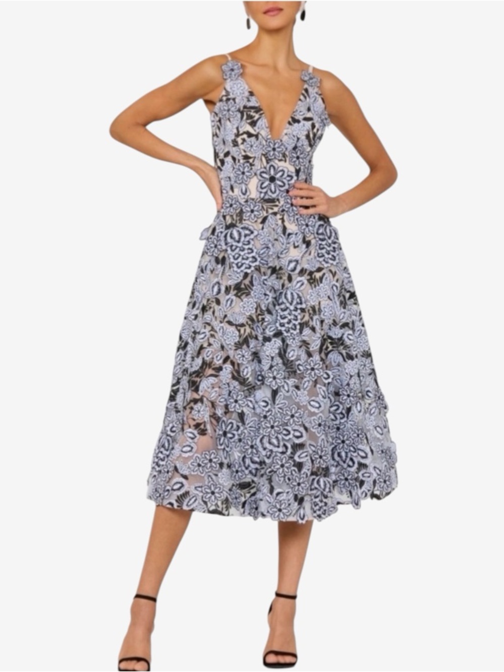 Helsi Women’s Mia Floral Appliqué Embroidered V Neck A-Line Cocktail Midi Dress
